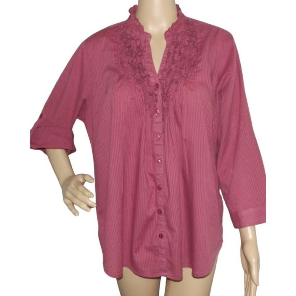 Millenium Burgundy Blouse XL tuxedo ruffled v-neck button down shirt roll tag